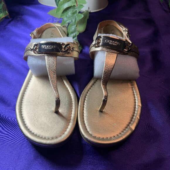 📌Coach Caterine Leather Gold  Flat Slingback Thong Sandals Chainlink Logo 9.5B - Picture 1 of 13